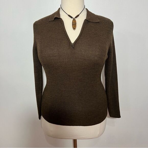 Vintage Pendleton Brown Ribbed Knit Half Zip Front Sweater -- L - Picture 3 of 10